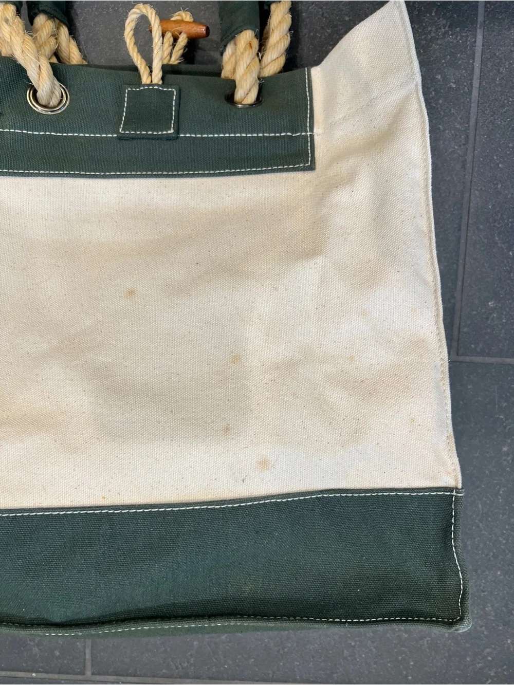 Wathne Cream and Dark Green Canvas Tote with Rope Handles
